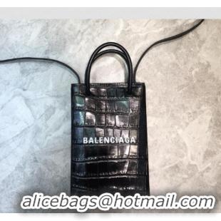 Good Product Balenciaga shopping phone pouch shoulder bag in crocodile pattern B46248 black