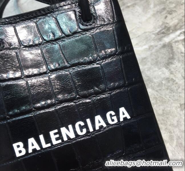 Good Product Balenciaga shopping phone pouch shoulder bag in crocodile pattern B46248 black