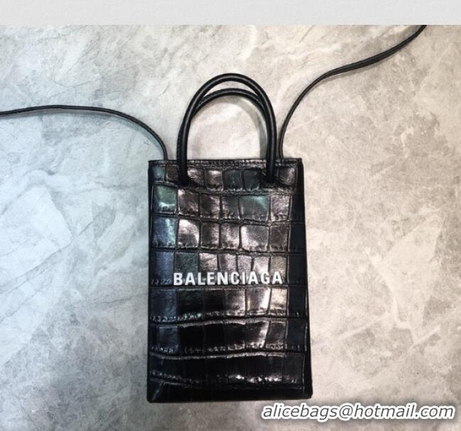 Good Product Balenciaga shopping phone pouch shoulder bag in crocodile pattern B46248 black