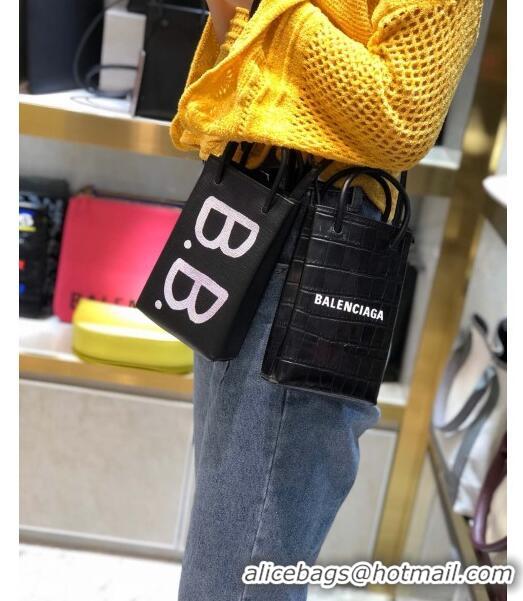 Good Product Balenciaga shopping phone pouch shoulder bag in crocodile pattern B46248 black