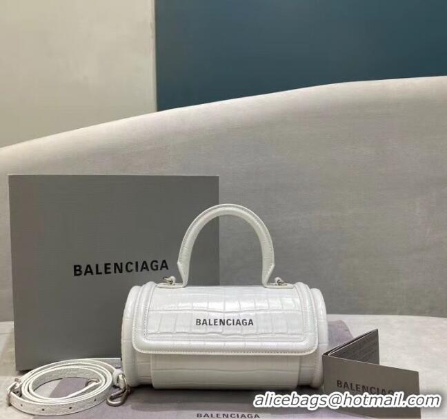 Top Quality Balenciaga Round Cylindric Shoulder Bag in Crocodile Pattern Calfskin B60421 White 2020