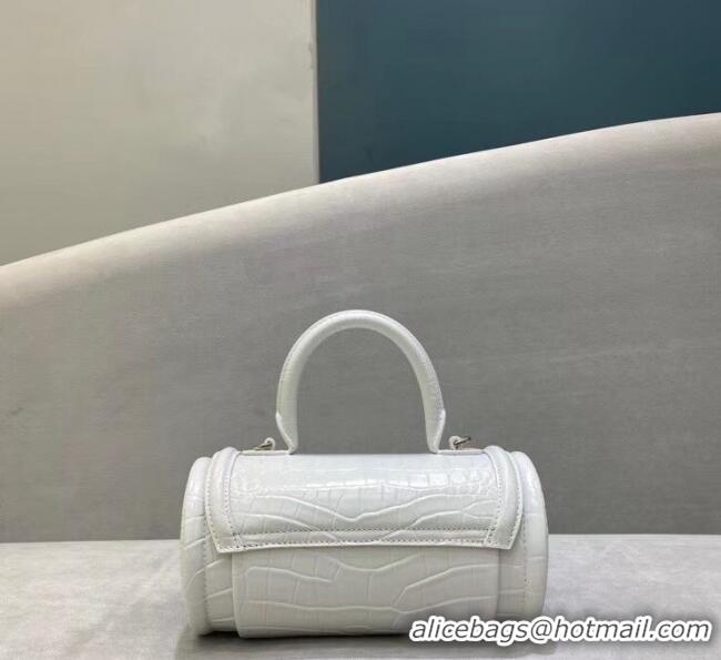 Top Quality Balenciaga Round Cylindric Shoulder Bag in Crocodile Pattern Calfskin B60421 White 2020