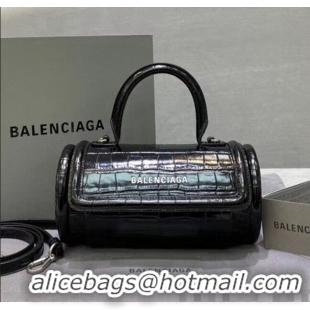 Discount Balenciaga Round Cylindric Shoulder Bag in Crocodile Pattern Calfskin B60421 Black 2020