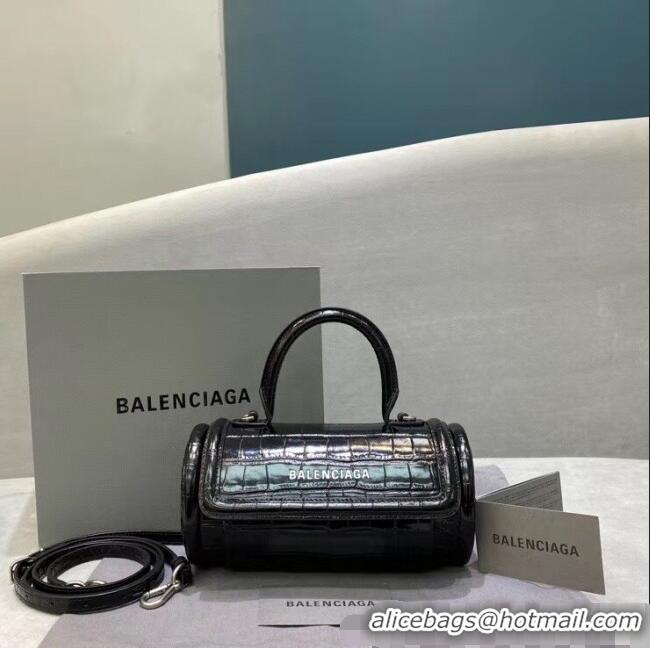 Discount Balenciaga Round Cylindric Shoulder Bag in Crocodile Pattern Calfskin B60421 Black 2020