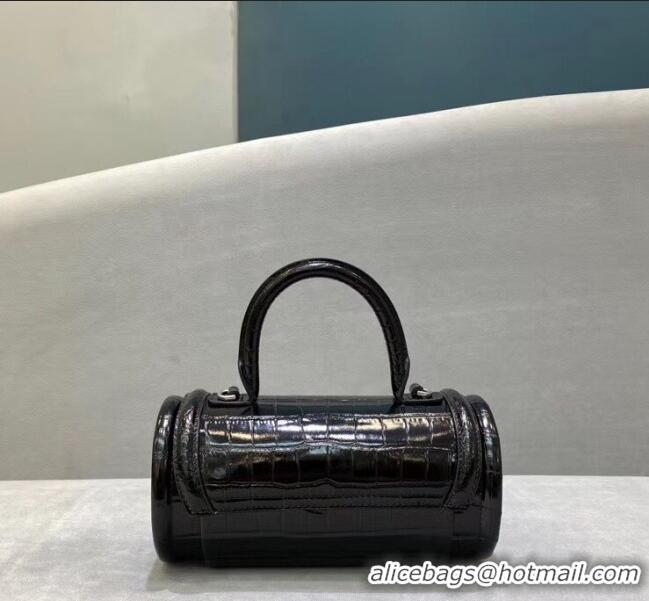 Discount Balenciaga Round Cylindric Shoulder Bag in Crocodile Pattern Calfskin B60421 Black 2020