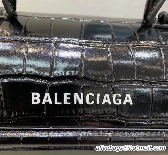 Discount Balenciaga Round Cylindric Shoulder Bag in Crocodile Pattern Calfskin B60421 Black 2020