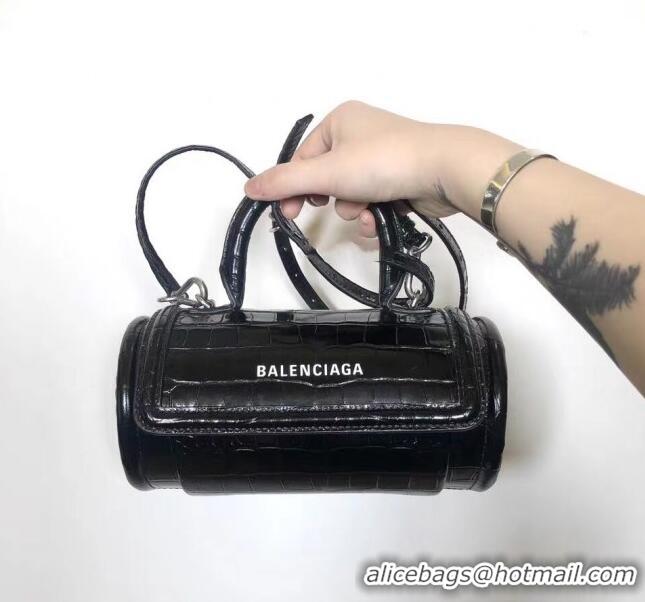 Discount Balenciaga Round Cylindric Shoulder Bag in Crocodile Pattern Calfskin B60421 Black 2020