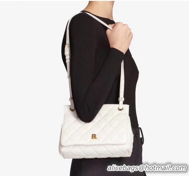 Reproduction Balenciaga B. Quilted Lambskin Small/Large Flap Bag B30837 White/Gold 2020