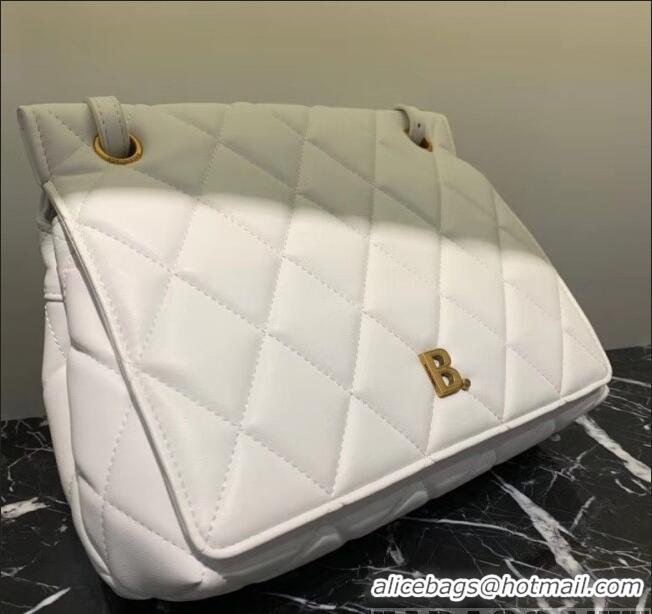 Reproduction Balenciaga B. Quilted Lambskin Small/Large Flap Bag B30837 White/Gold 2020