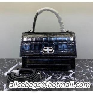 Stylish Balenciaga Sharp XS Satchel Shoulder Bag in Crocodile Embossed Shiny Calfskin B60429 Black 2020