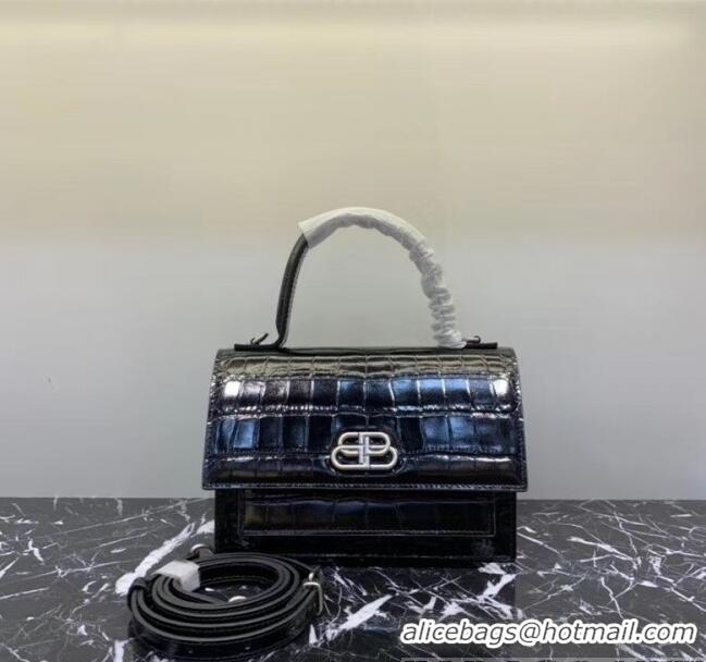 Stylish Balenciaga Sharp XS Satchel Shoulder Bag in Crocodile Embossed Shiny Calfskin B60429 Black 2020