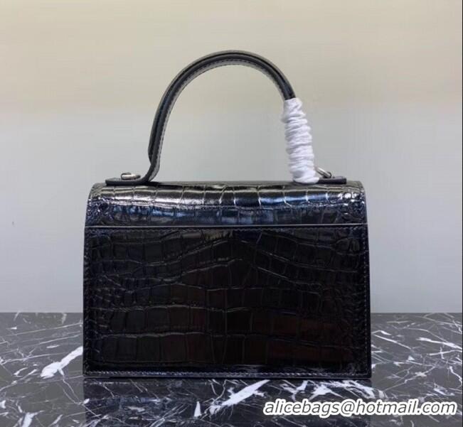 Stylish Balenciaga Sharp XS Satchel Shoulder Bag in Crocodile Embossed Shiny Calfskin B60429 Black 2020