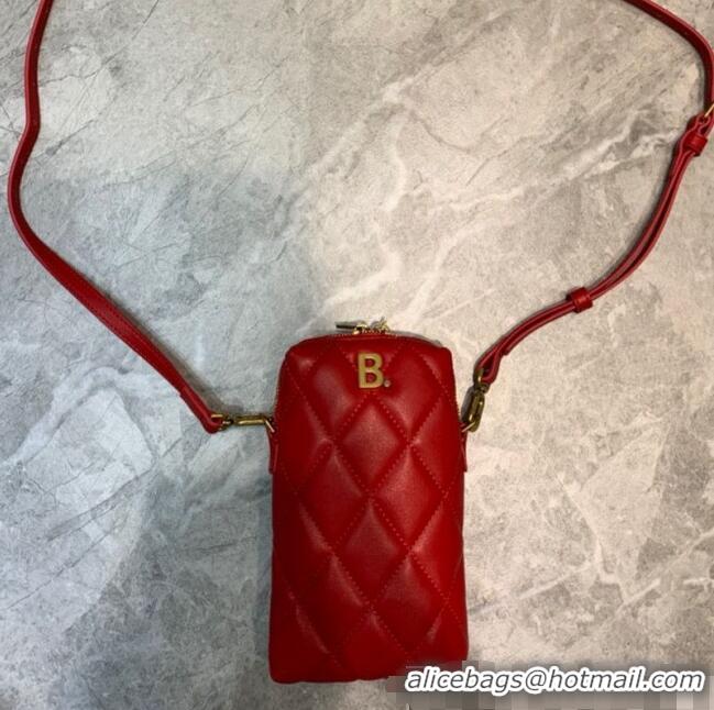 Free Shipping Balenciaga B. Quilted Lambskin Phone Holder Pouch Crossbody B62310 Red 2020