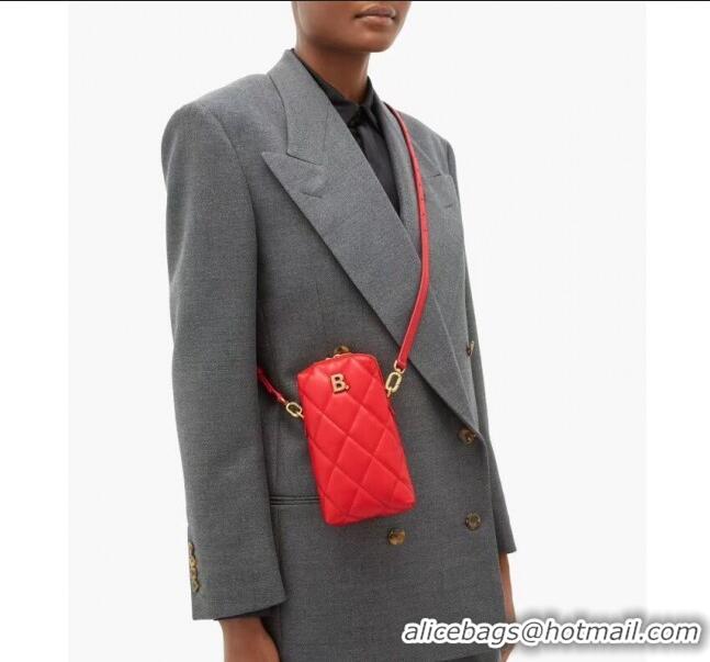 Free Shipping Balenciaga B. Quilted Lambskin Phone Holder Pouch Crossbody B62310 Red 2020