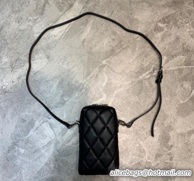 Grade Quality Balenciaga B. Quilted Lambskin Phone Holder Pouch Crossbody B62310 Black 2020