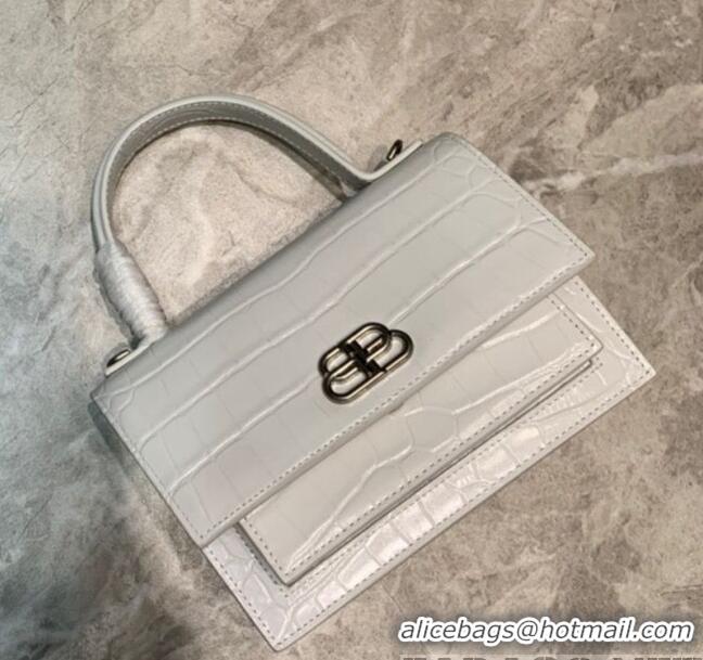 Grade Balenciaga Sharp XS Satchel Top Handle Bag in Crocodile Embossed Shiny Calfskin B71312 White 2020