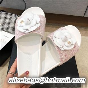 Low Price Chanel Tweed Camellia Flat Slide Sandal C70601 Pink 2020