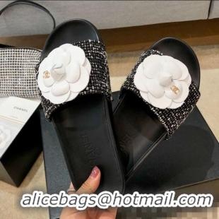 Top Grade Chanel Tweed Camellia Flat Slide Sandal C70602 Black 2020