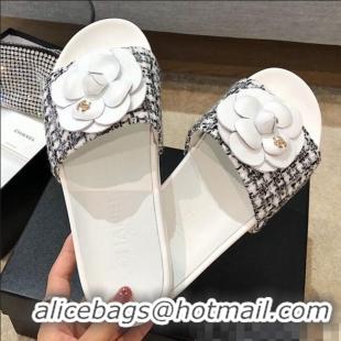 Buy Luxury Chanel Tweed Camellia Flat Slide Sandal C70603 Black/White 2020