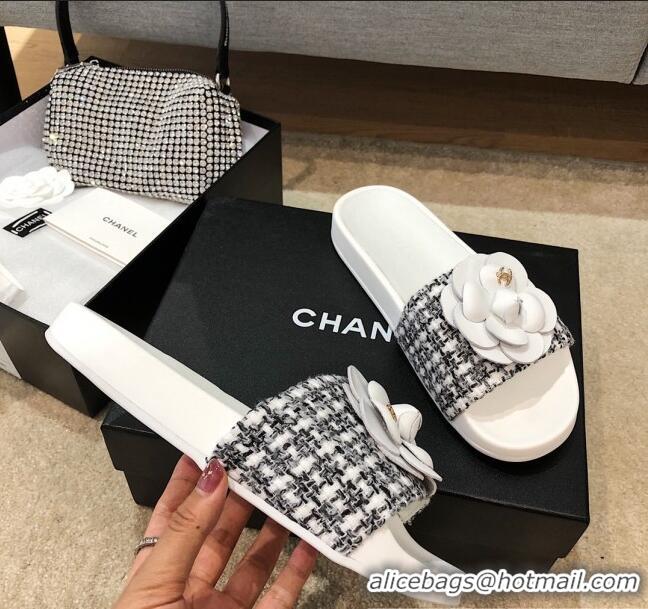 Buy Luxury Chanel Tweed Camellia Flat Slide Sandal C70603 Black/White 2020