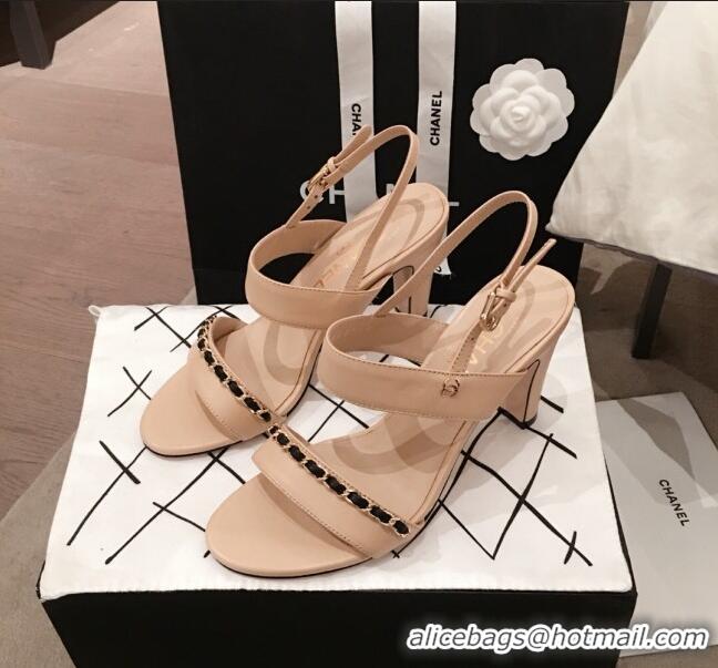 New Design Chanel Lambskin Chain Heel Sandals C70604 Apricot 2020