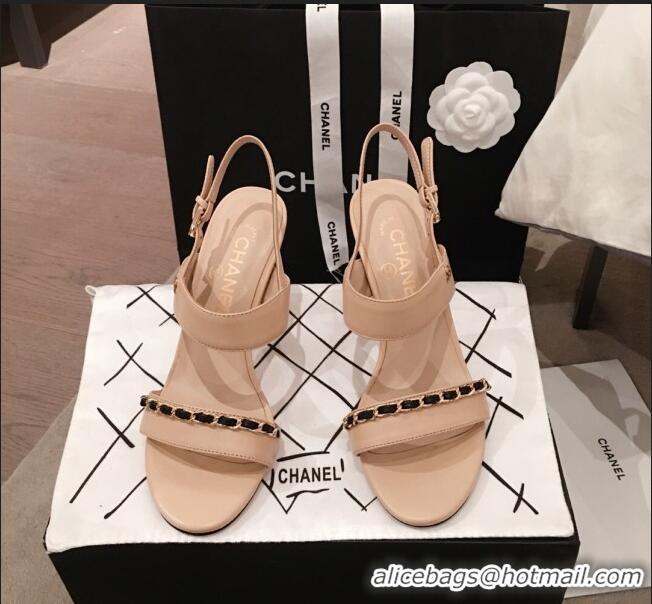 New Design Chanel Lambskin Chain Heel Sandals C70604 Apricot 2020