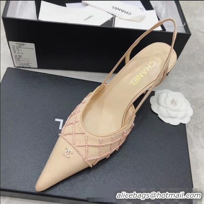 New Fashion Chanel Beads Heel Slingback Pumps 65mm C70840 Nude 2020