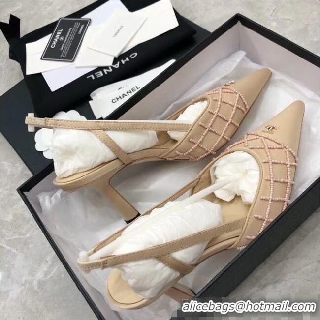 New Fashion Chanel Beads Heel Slingback Pumps 65mm C70840 Nude 2020