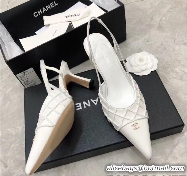 Luxury Cheap Chanel Beads Heel Slingback Pumps 65mm C70840 White 2020