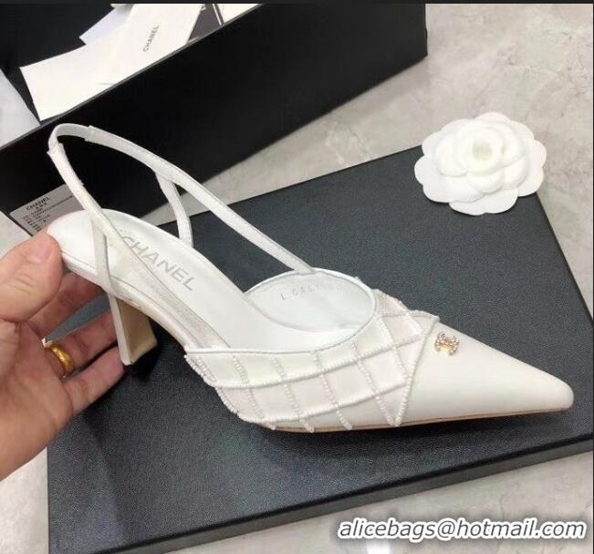 Luxury Cheap Chanel Beads Heel Slingback Pumps 65mm C70840 White 2020