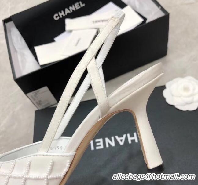 Luxury Cheap Chanel Beads Heel Slingback Pumps 65mm C70840 White 2020