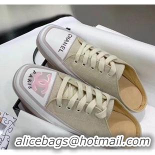 New Release Creation Chanel Vintage Canvas Lace-up Flat Mules C70843 Beige 2020