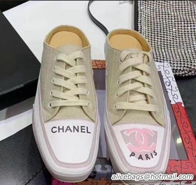 New Release Creation Chanel Vintage Canvas Lace-up Flat Mules C70843 Beige 2020