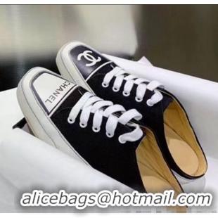 Free Shipping Chanel Vintage Canvas Lace-up Flat Mules C70843 Black 2020