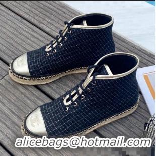 Low Cost Chanel Check Fabric High-Top Lace-Ups Espadrille Sneakers G36140 Navy Blue 2020