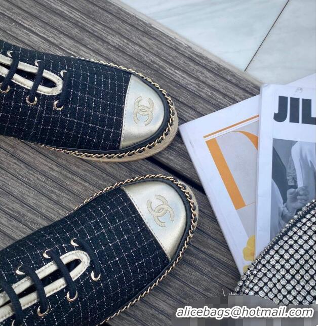 Low Cost Chanel Check Fabric High-Top Lace-Ups Espadrille Sneakers G36140 Navy Blue 2020