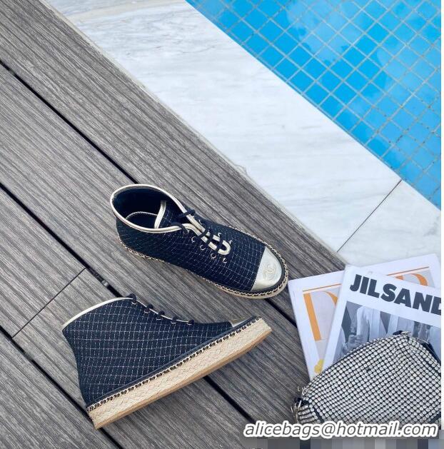 Low Cost Chanel Check Fabric High-Top Lace-Ups Espadrille Sneakers G36140 Navy Blue 2020