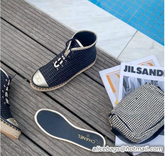 Low Cost Chanel Check Fabric High-Top Lace-Ups Espadrille Sneakers G36140 Navy Blue 2020