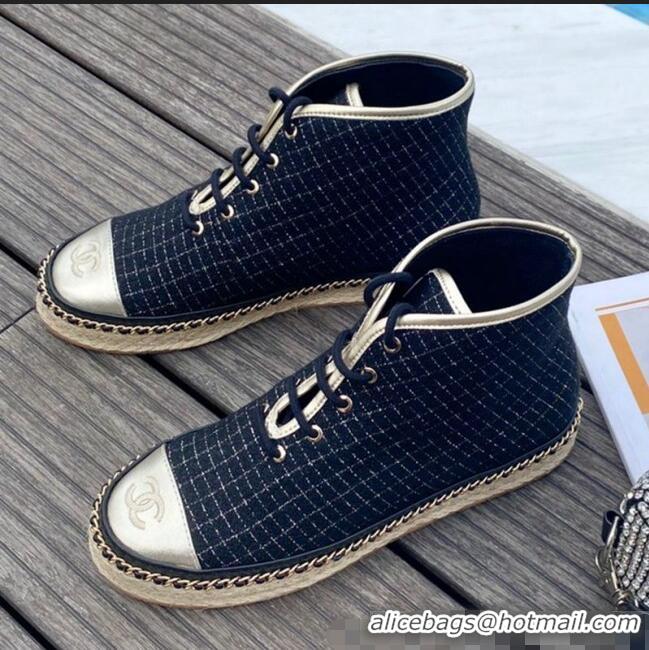 Low Cost Chanel Check Fabric High-Top Lace-Ups Espadrille Sneakers G36140 Navy Blue 2020