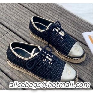 Shop Cheap Chanel Check Fabric Low-Top Lace-Ups Espadrille Sneakers G36140 Navy Blue 2020