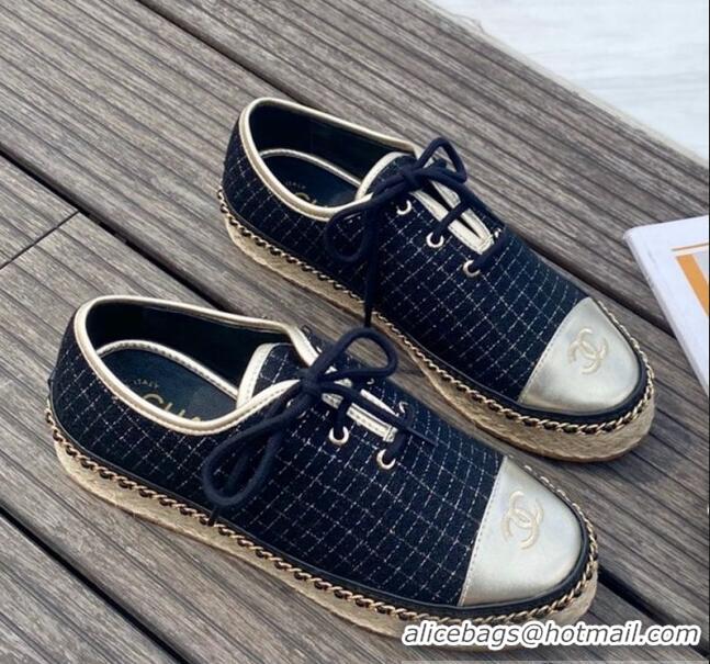 Shop Cheap Chanel Check Fabric Low-Top Lace-Ups Espadrille Sneakers G36140 Navy Blue 2020