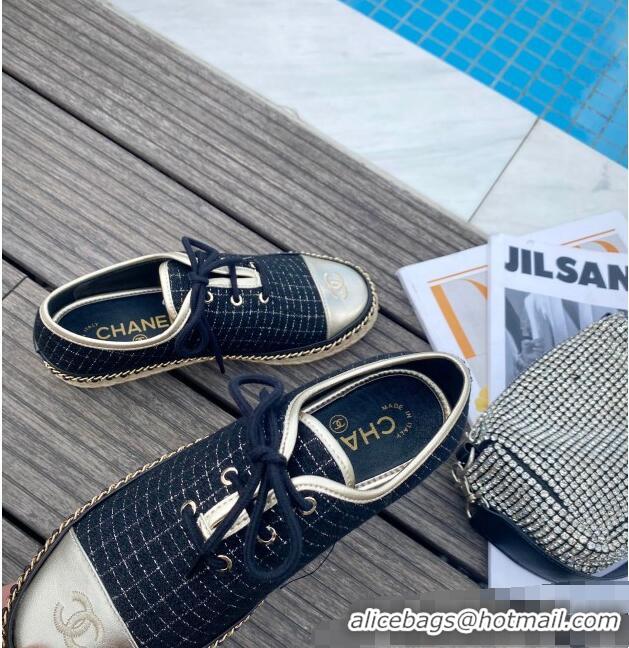 Shop Cheap Chanel Check Fabric Low-Top Lace-Ups Espadrille Sneakers G36140 Navy Blue 2020