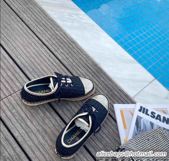 Shop Cheap Chanel Check Fabric Low-Top Lace-Ups Espadrille Sneakers G36140 Navy Blue 2020