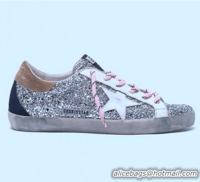 Discount Golden Goose GGDB Calfskin Leather Star Sneaker GG1462 Silver Sequins/White/Coffee 2020(For Women and Men)