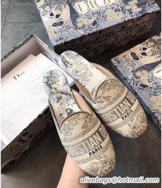 Popular Style Dior Toile de Jouy Embroidered Canvas Flat Off Mules CD0404 Grey 2020