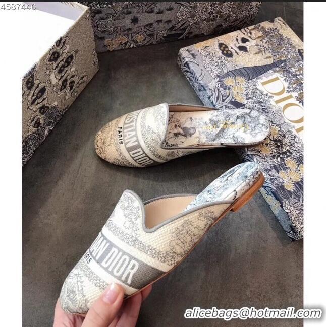 Popular Style Dior Toile de Jouy Embroidered Canvas Flat Off Mules CD0404 Grey 2020