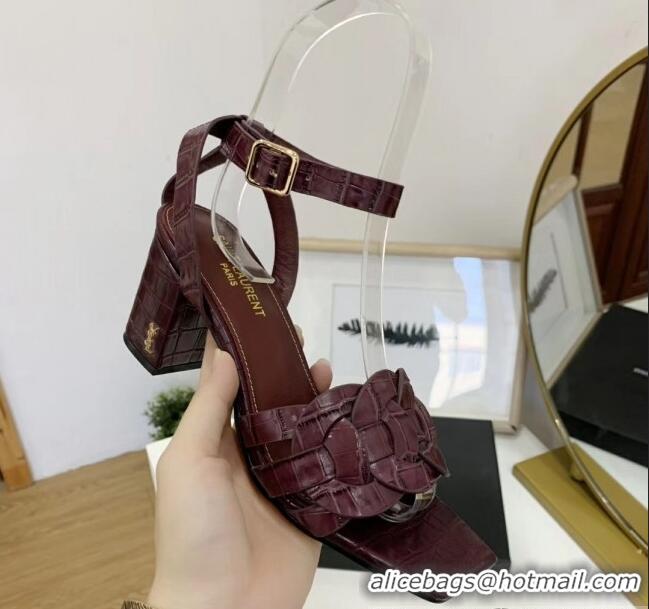 Top Quality Saint Laurent Crocodile Print Calfskin Sandal With 6.5cm Heel Y41010 Burgundy 2020