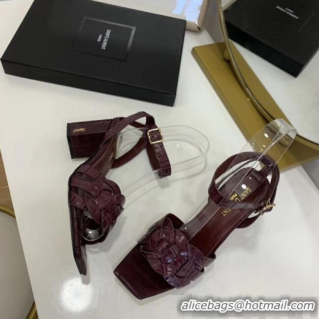 Top Quality Saint Laurent Crocodile Print Calfskin Sandal With 6.5cm Heel Y41010 Burgundy 2020