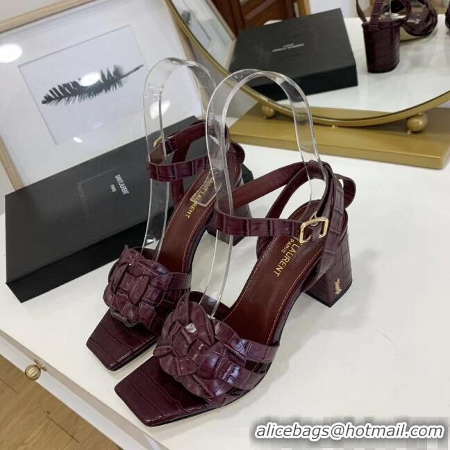 Top Quality Saint Laurent Crocodile Print Calfskin Sandal With 6.5cm Heel Y41010 Burgundy 2020