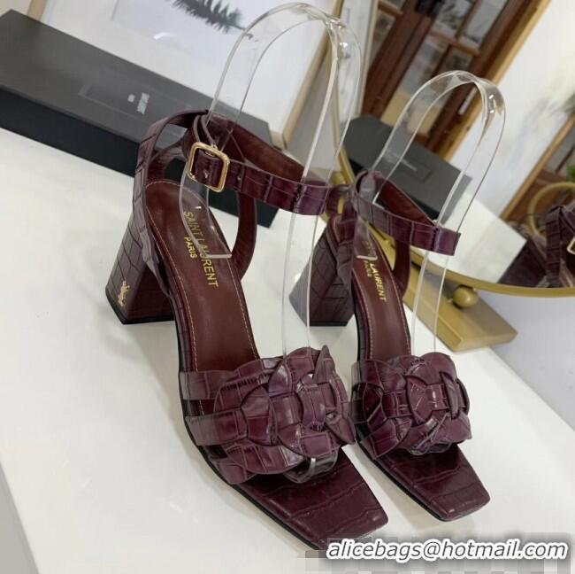 Top Quality Saint Laurent Crocodile Print Calfskin Sandal With 6.5cm Heel Y41010 Burgundy 2020